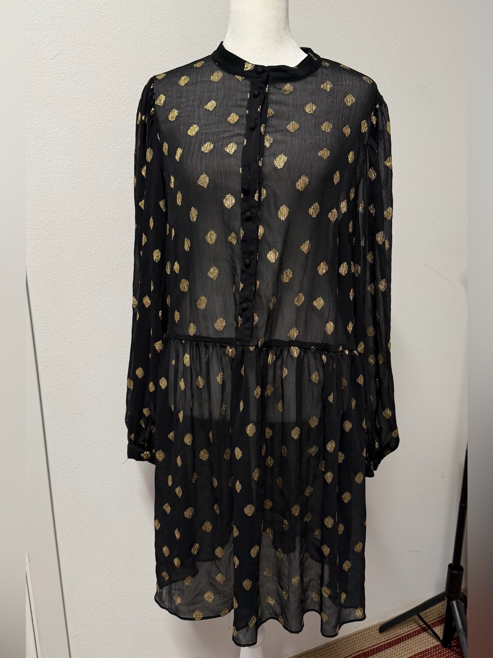 H&M Black Gold Metallic Polka Dot Sheer Long Sleeve Dress Size Large
